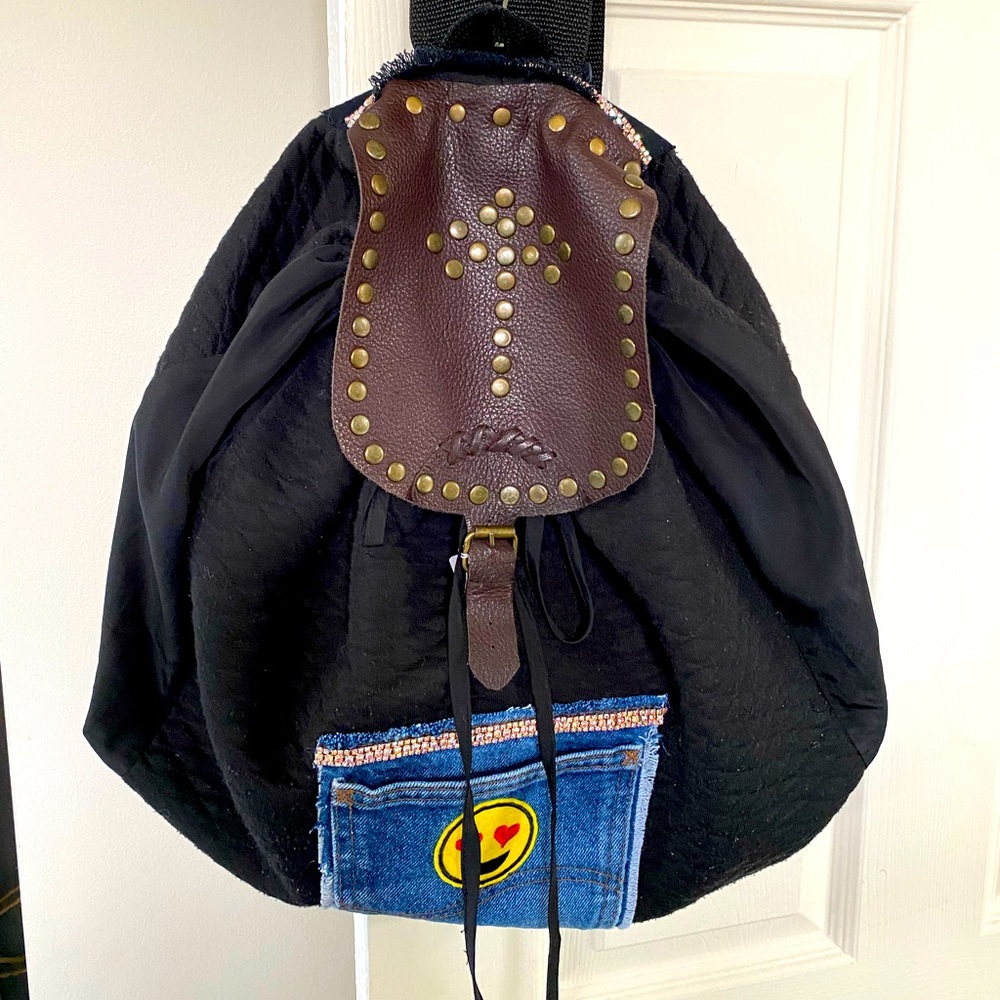 Handmade Back pack denim,leather RawEdge bags handmade by salina.soft quilted